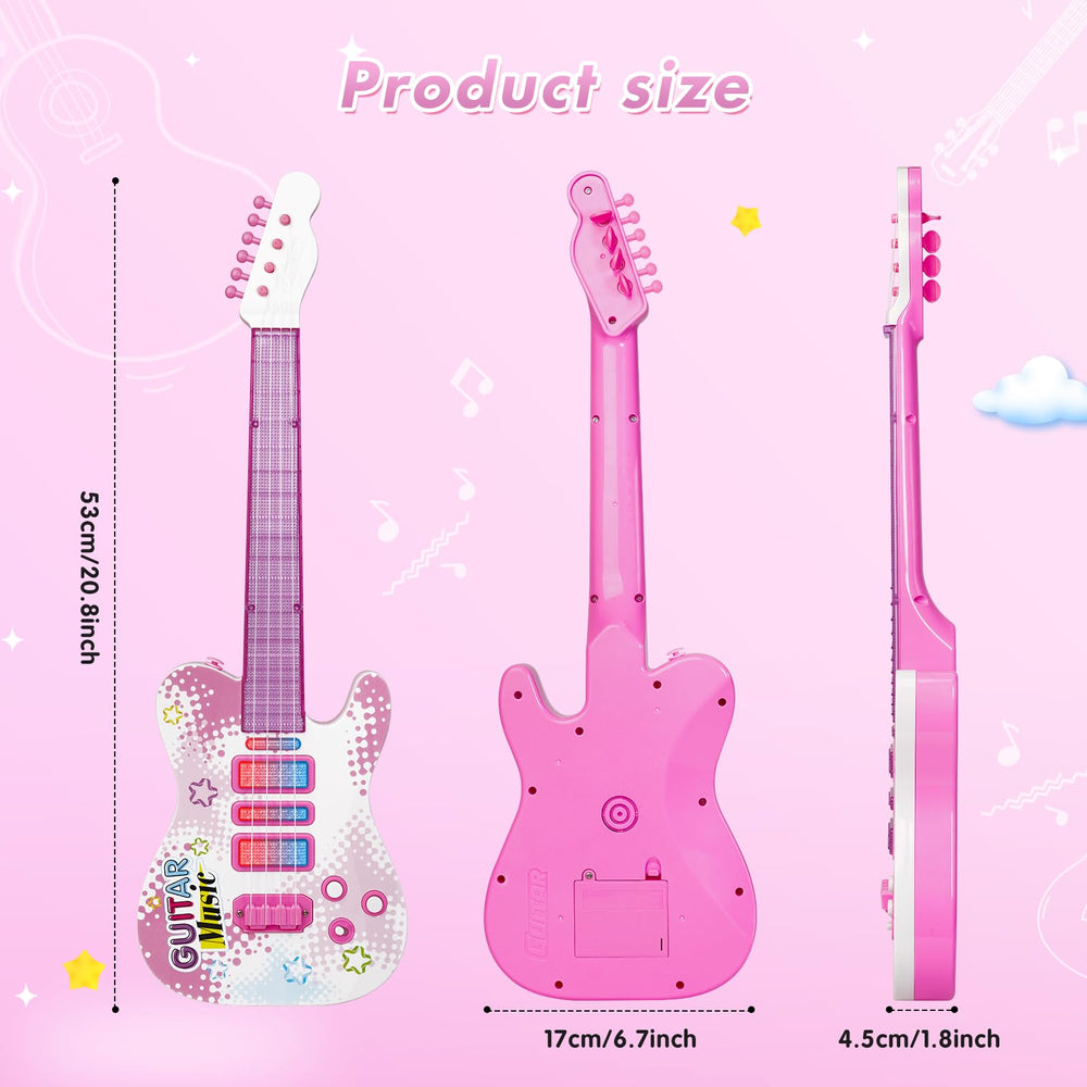 Drmukie pink guitar toy packaging shows included features for parents.