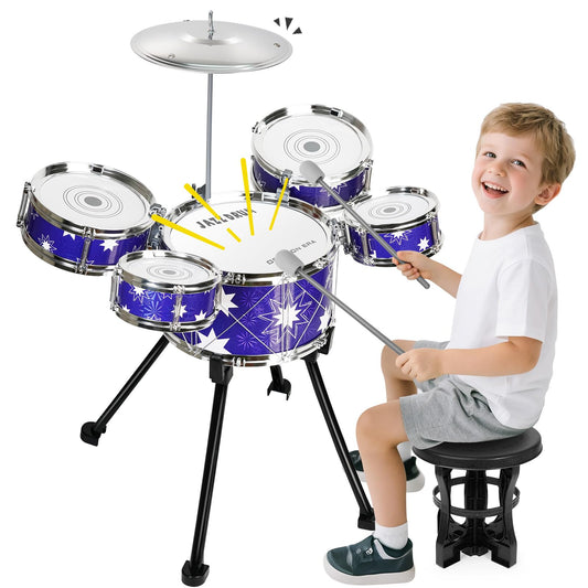 Drmukie upgraded toddler drum set with stool providing stable seating