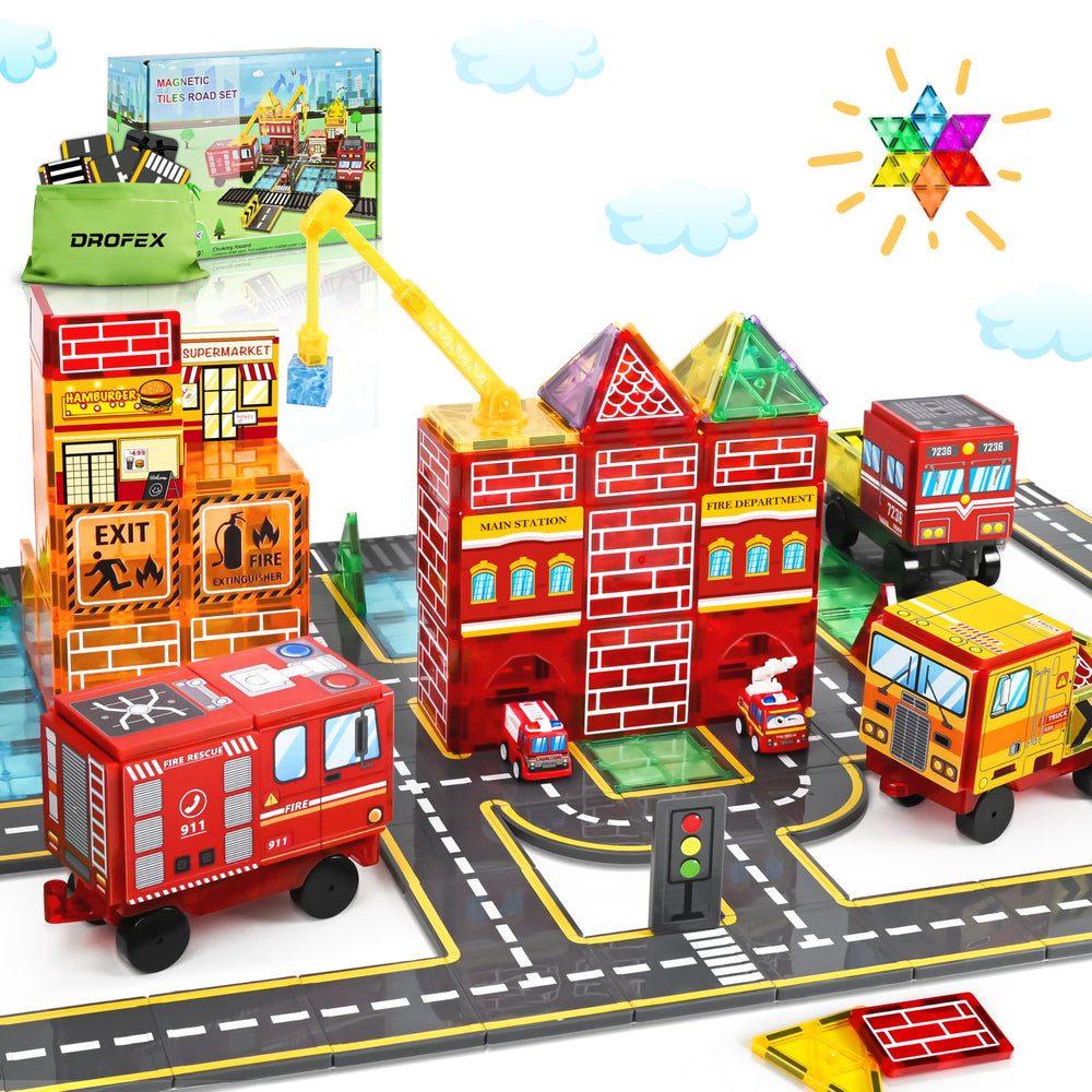 Drofex magnetic tiles road set for imaginative road-building and fine motor skill play.