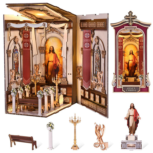 DROICC Book Nook Cathedral scene with stained glass windows for serene home decor.