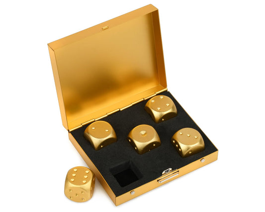 DS Distinctive Style aluminum dice in gold with case, ideal for travel gaming