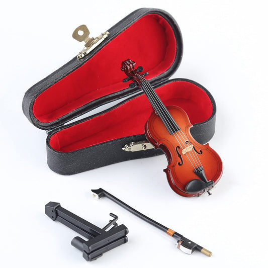 Dselvgvu wooden miniature violin with stand for decorative display.