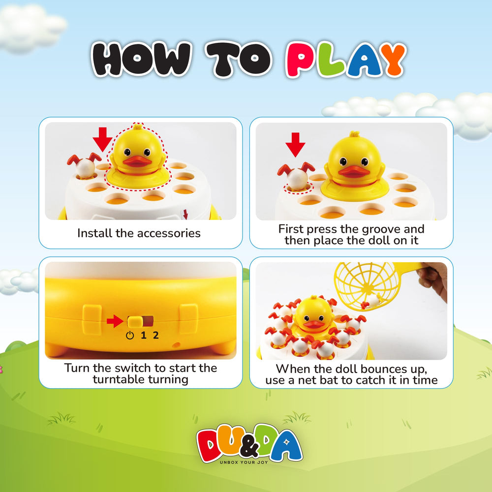 Kids use nets to catch ducks with DU&DA game for social play.