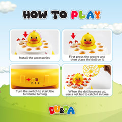 Kids use nets to catch ducks with DU&DA game for social play.