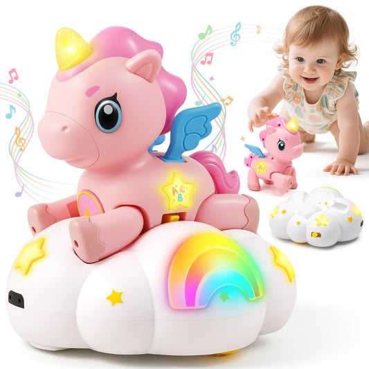 Duchong follow-me unicorn moving to engage crawling and playtime.