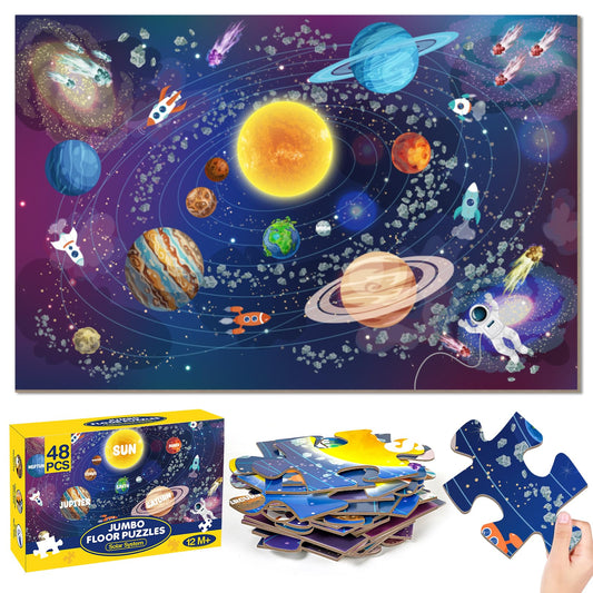 Duchong jumbo floor puzzle solar system assembled, vivid space scene sparks curiosity in kids.