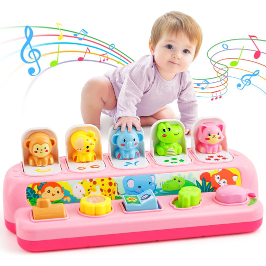 Duchong pop-up toy with animal sounds excites baby's auditory development.