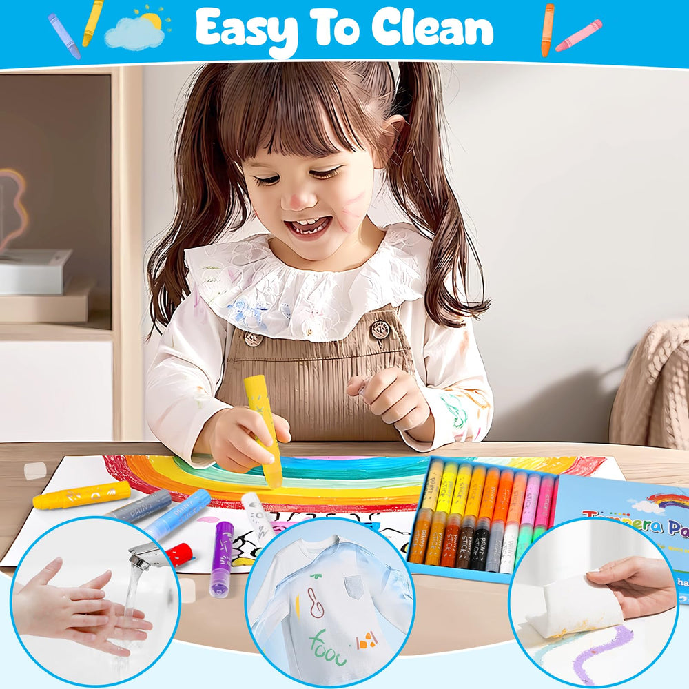 Duchong Tempera paint sticks neon colors brighten kids’ artworks.