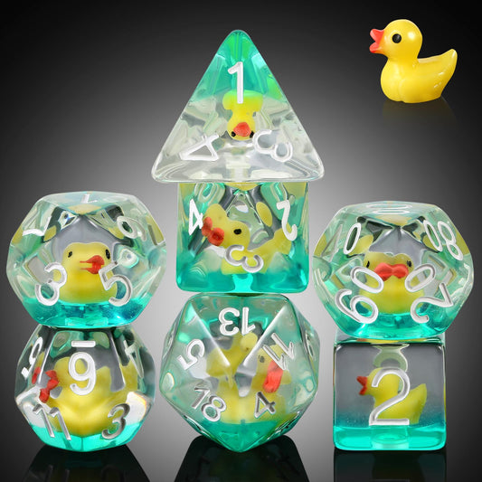 Duck DNDND D4 resin dice with tiny ducks visible inside for easy RPG reads