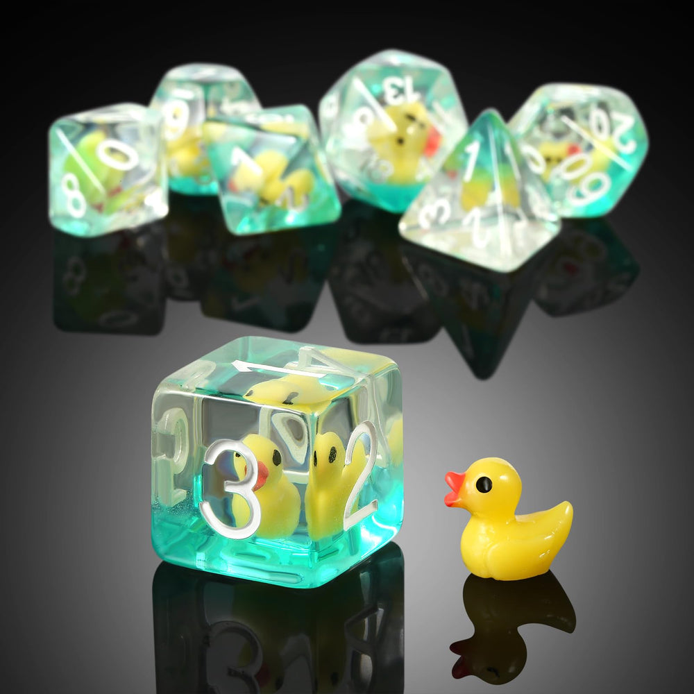 Duck DNDND resin D8 dice shows ducks inside for legible tabletop gameplay