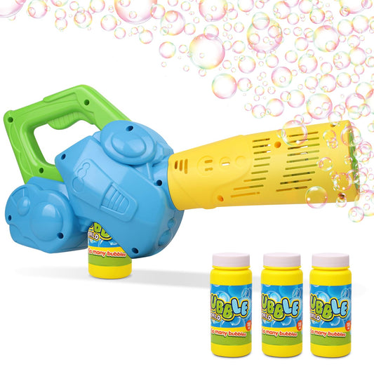 Duckura Bubble Leaf Blower toy in action with colorful bubbles for outdoor play
