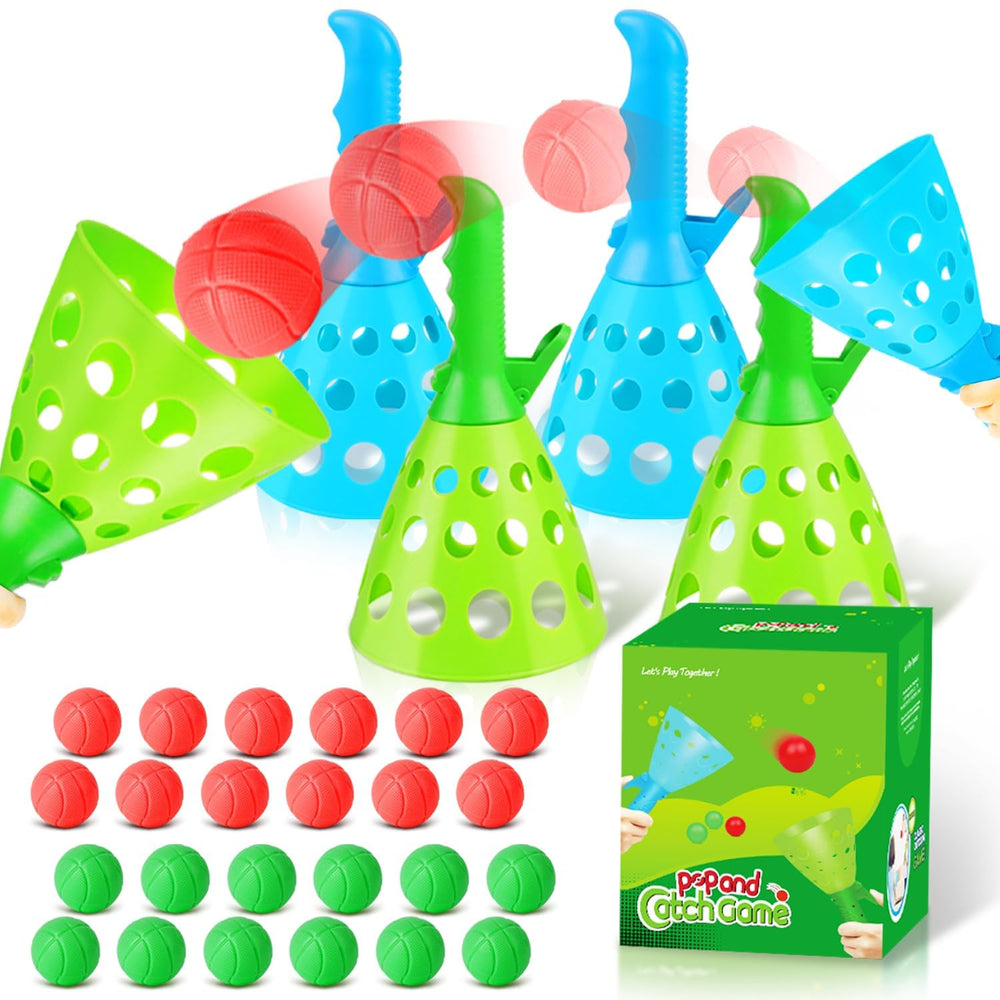 Duckura Pop-Pass-Catch launchers and four baskets for active outdoor play