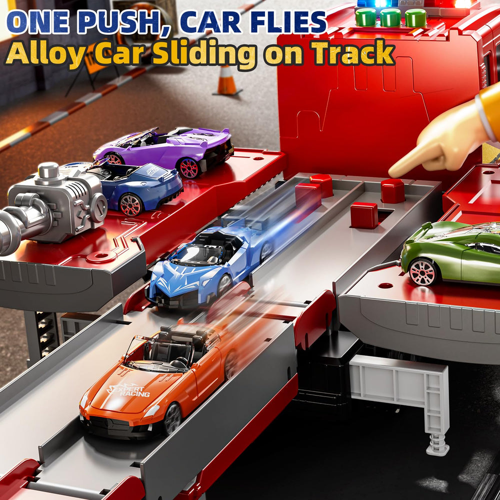 DULONIME fire trucks metallic launcher shoots pieces for hands-on fun.
