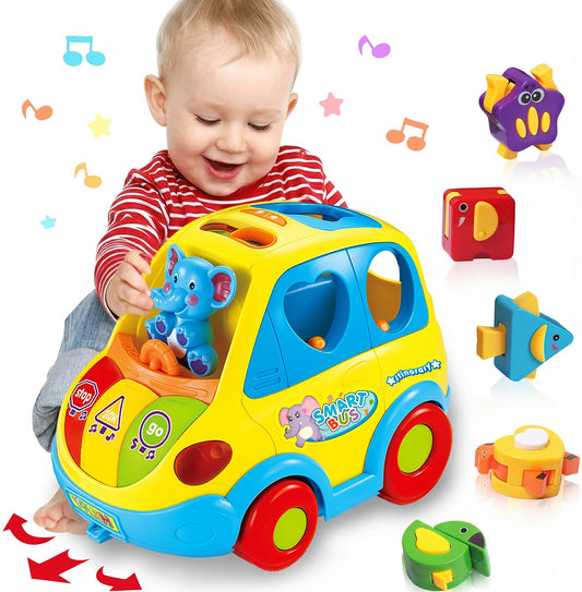 DUMMA baby bus toy with music and lights stimulating crawling and color recognition.