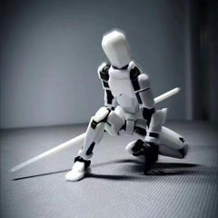 Dumwick Titan13 3D-printed action figure with poseable joints.