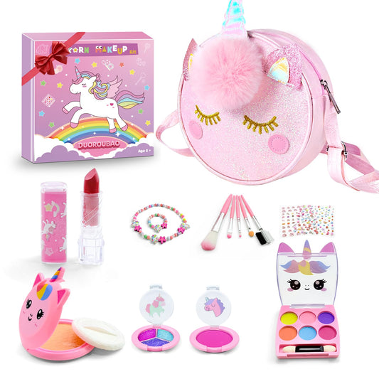DUOROUBAO pink unicorn bag shows the kids makeup kit for portable play