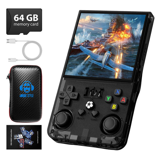 DVJQSN R36MAX front view shows a compact retro handheld design for on the go gaming
