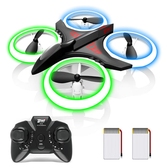 Dwi Dowellin mini drone front view with bright LED lights for easy beginner flights.