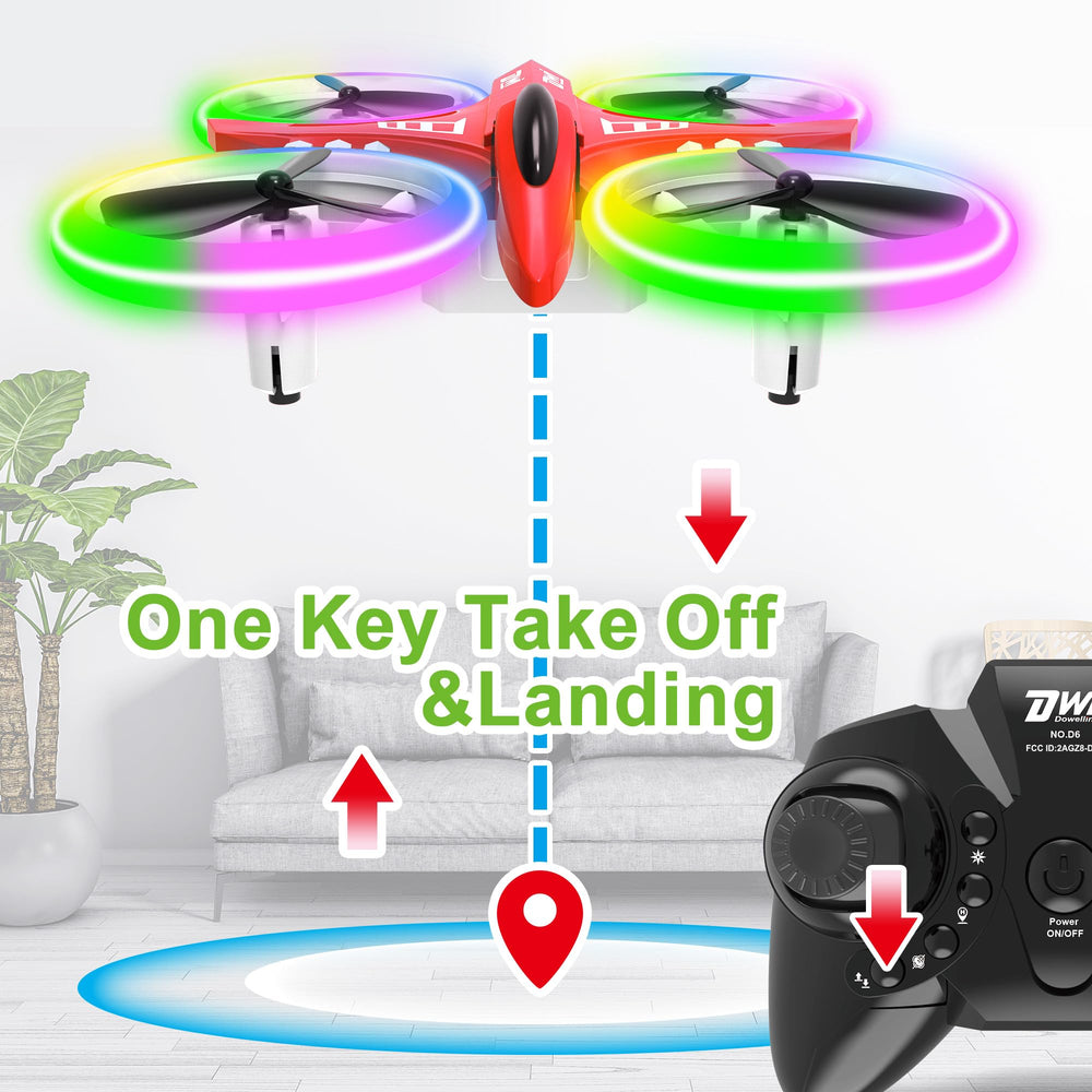Dwi Dowellin mini drone with LED lights shows 3D flip capability in action.