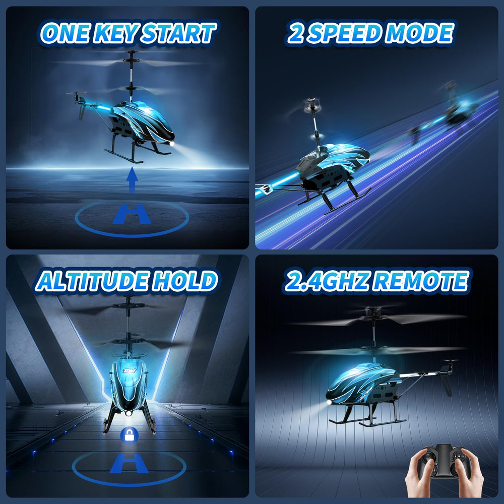 Dwi Dowellin RC Helicopter blue hovering in a room for stable indoor flight.