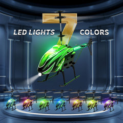 Dwi Dowellin RC helicopter green side view, highlighting stable hover for easy control.