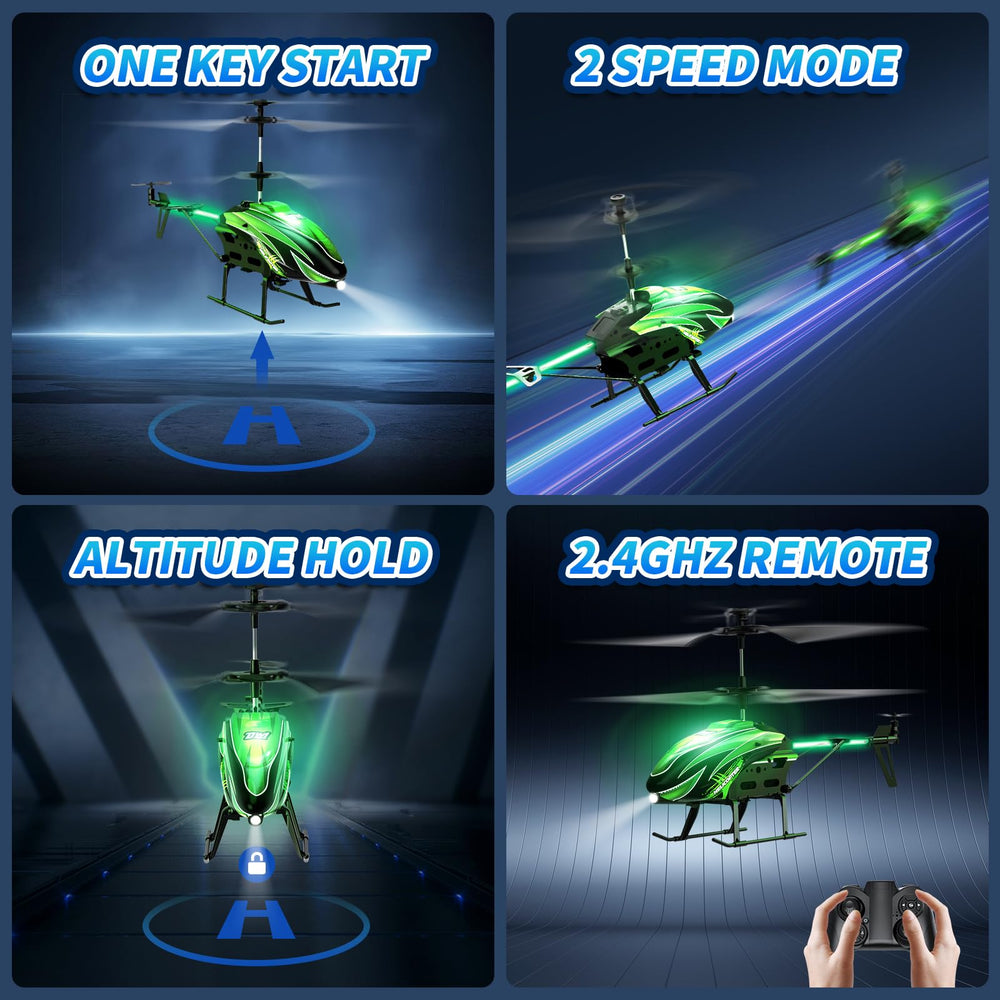 Dwi Dowellin RC helicopter green top view, showcasing 8 light modes during play.