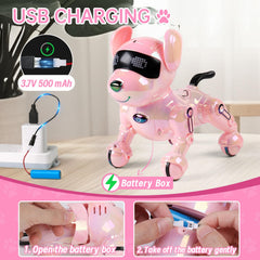 Dwi Dowellin pink robot dog chin touch triggers responsive sounds.