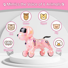 Dwi Dowellin pink robot dog dancing action demonstrates motion and rhythm during play.