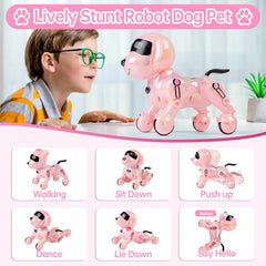 Dwi Dowellin pink robot dog remote control shows easy action selection.