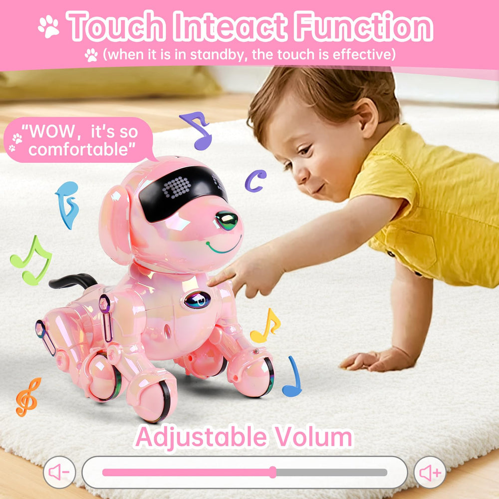 Dwi Dowellin pink robot dog storytime action supports imagination during stories.