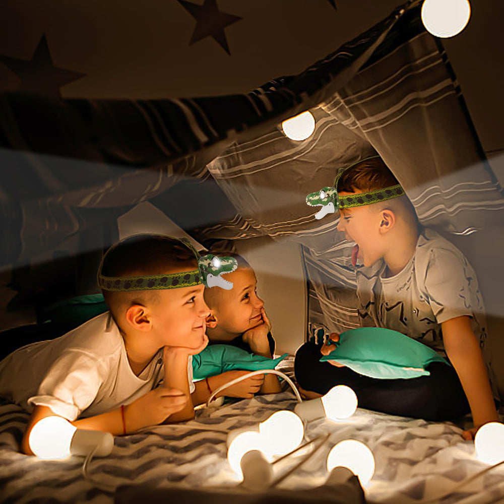 DX DA XIN dinosaur headlamp lighting a dark night camping scene.