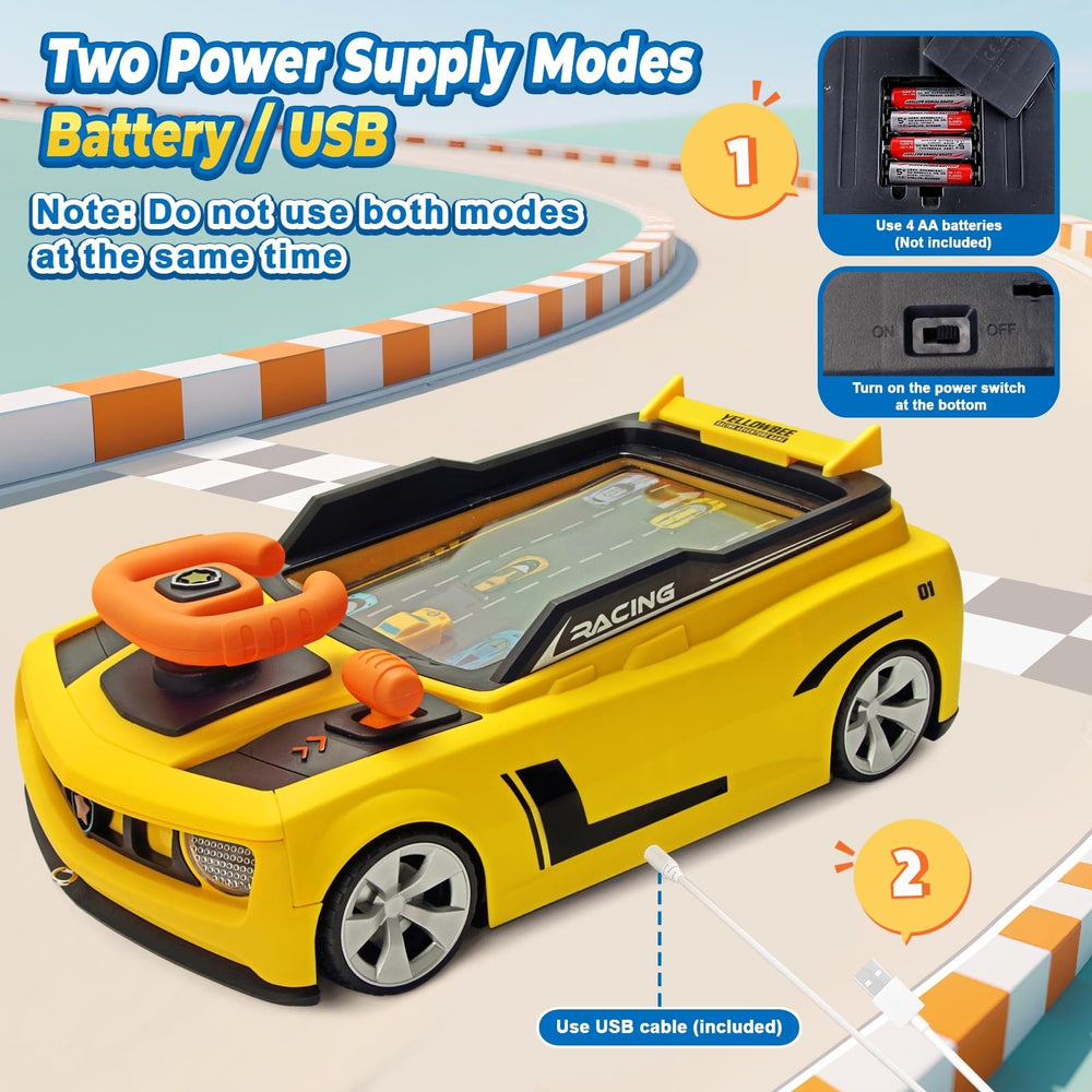 DY-GO steering wheel toy in game mode with obstacles for growing drivers