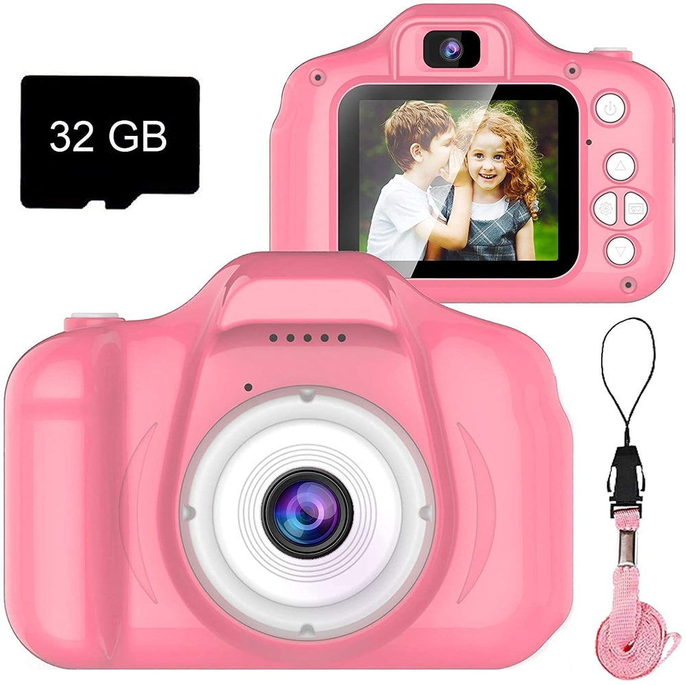 Dylanto Upgrade Kids Selfie Camera pink front view, compact and kid-friendly.