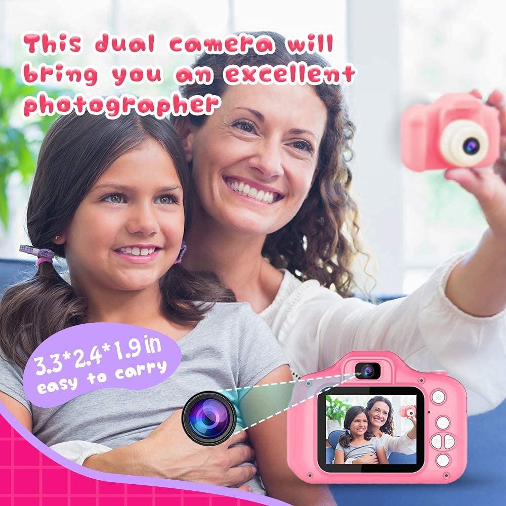 Dylanto Upgrade Kids Selfie Camera pink side view, easy grip for small hands.