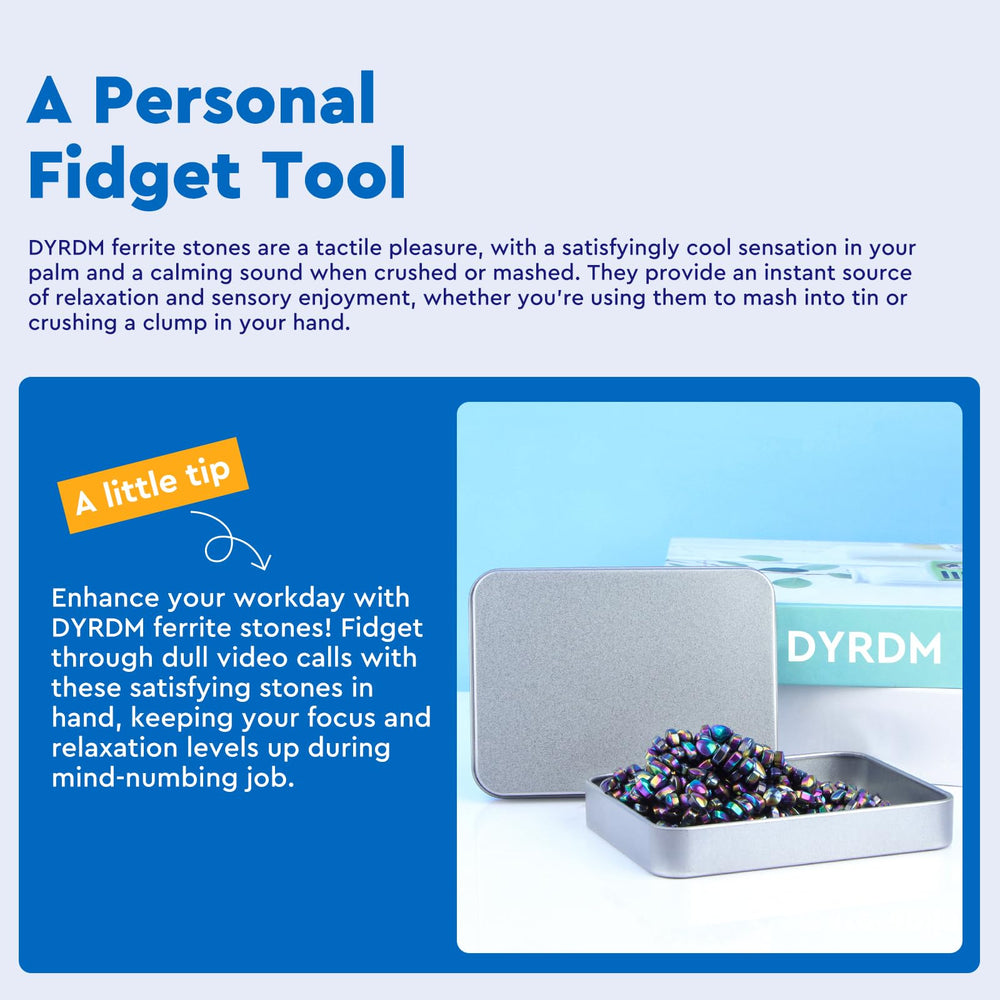 DYRDM ferrite stones on a tidy desk setup for productivity.