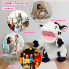 Easfan cow hand puppet with soft fur for cozy storytelling play.