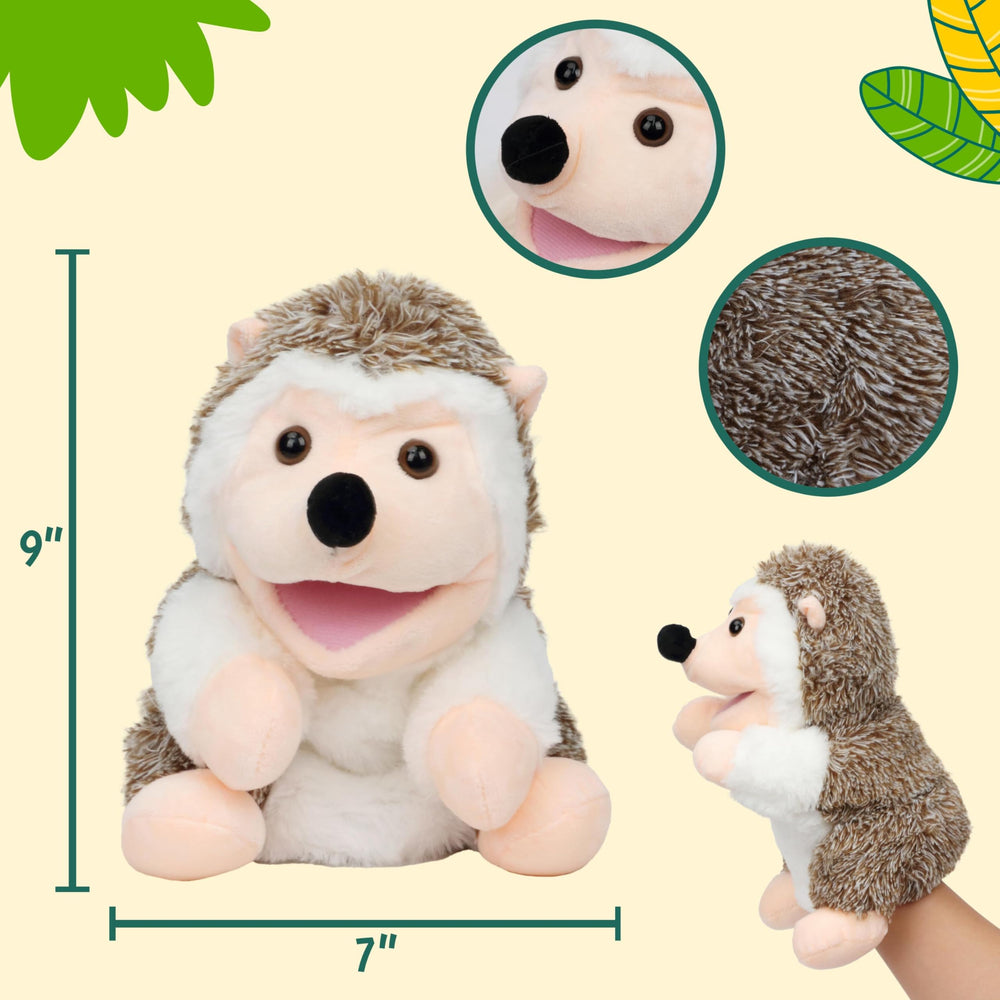 Close-up of Easfan Hedgehog puppet's soft fur for gentle playtime.