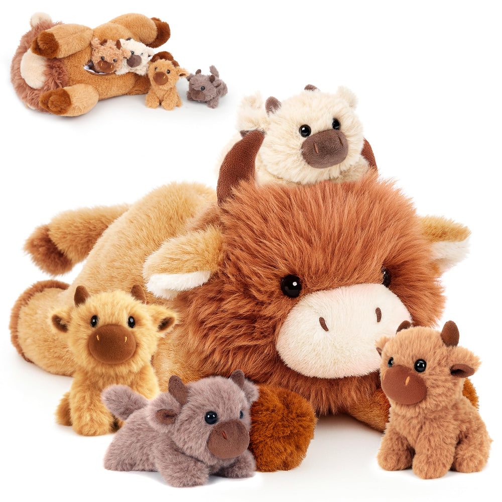 Easfan Highland Cow mom lying with four babies inside for imaginative play