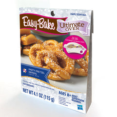 Easy-Bake Ultimate Oven pretzels refill pack baking action shows oven in use for tasty results.