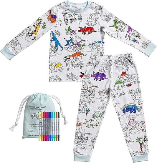 eatsleepdoodle kids coloring pajama set with dinosaur design for creative bedtime fun