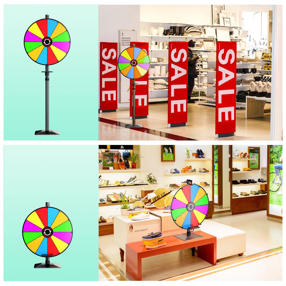 EBLIKI prize wheel on adjustable floor stand for versatile venue use.