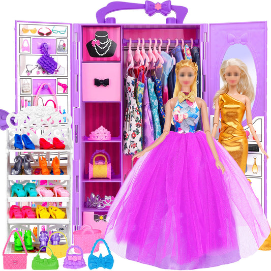 ebuddy 11.5-inch doll closet open shows organized storage for outfits and accessories.