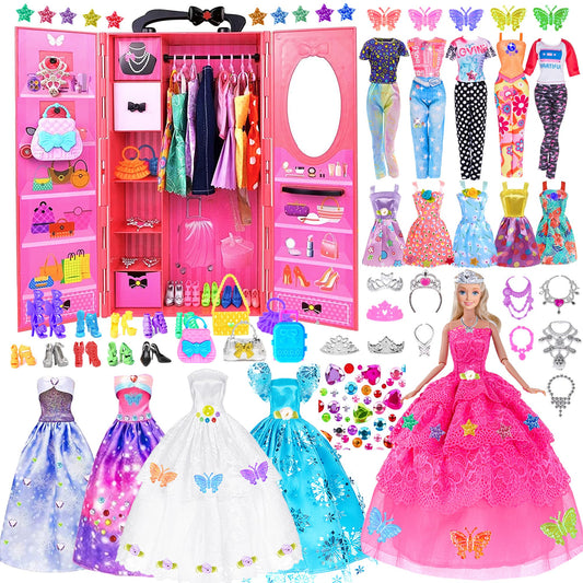 ebuddy 140-pack doll closet set showing organized compartments for outfits