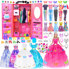 ebuddy 140-pack doll closet set showing organized compartments for outfits