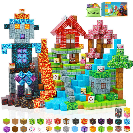 EchoPlan 150PCS magnetic blocks pack shot showing colorful pieces encourage imaginative play