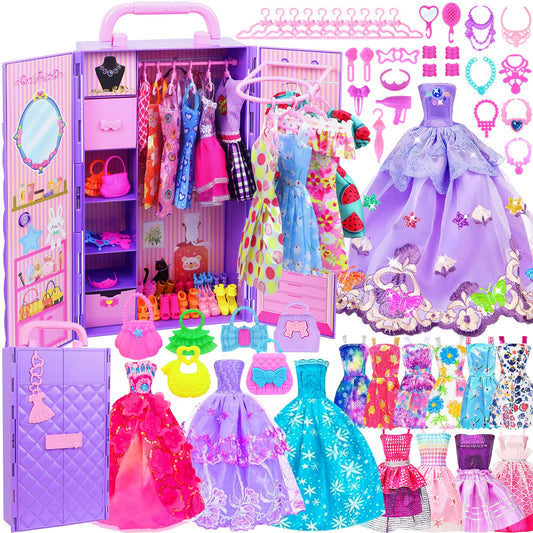 Ecore Fun 108 pcs doll clothes set with purple closet for creative dress-up fun.