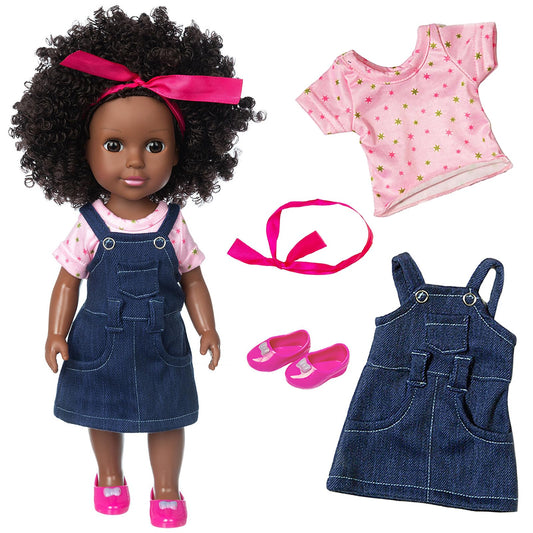 Ecore Fun 14.5-inch African baby doll with denim skirt, ideal for imaginative play