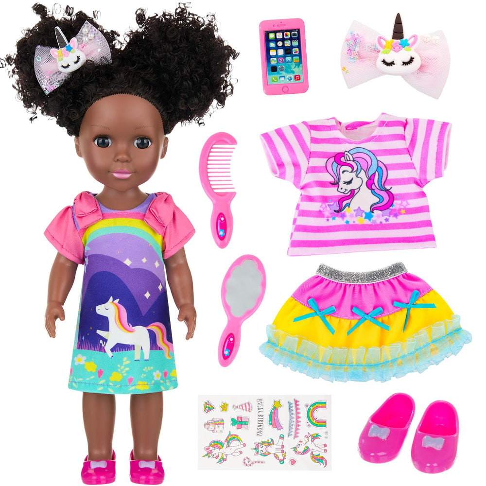 Ecore Fun 14-inch black doll wearing a dress, ideal for imaginative dress-up play.