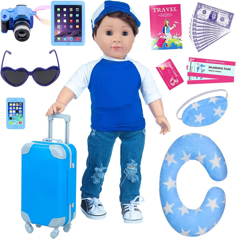 Ecore Fun 18in boy doll travel luggage with secure handle for realistic play.
