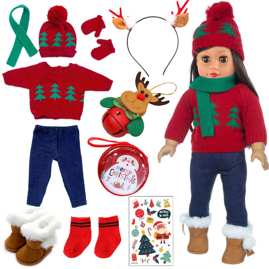 Ecore Fun 18-Inch Doll Clothes set displayed as complete winter Christmas outfit for imaginative play